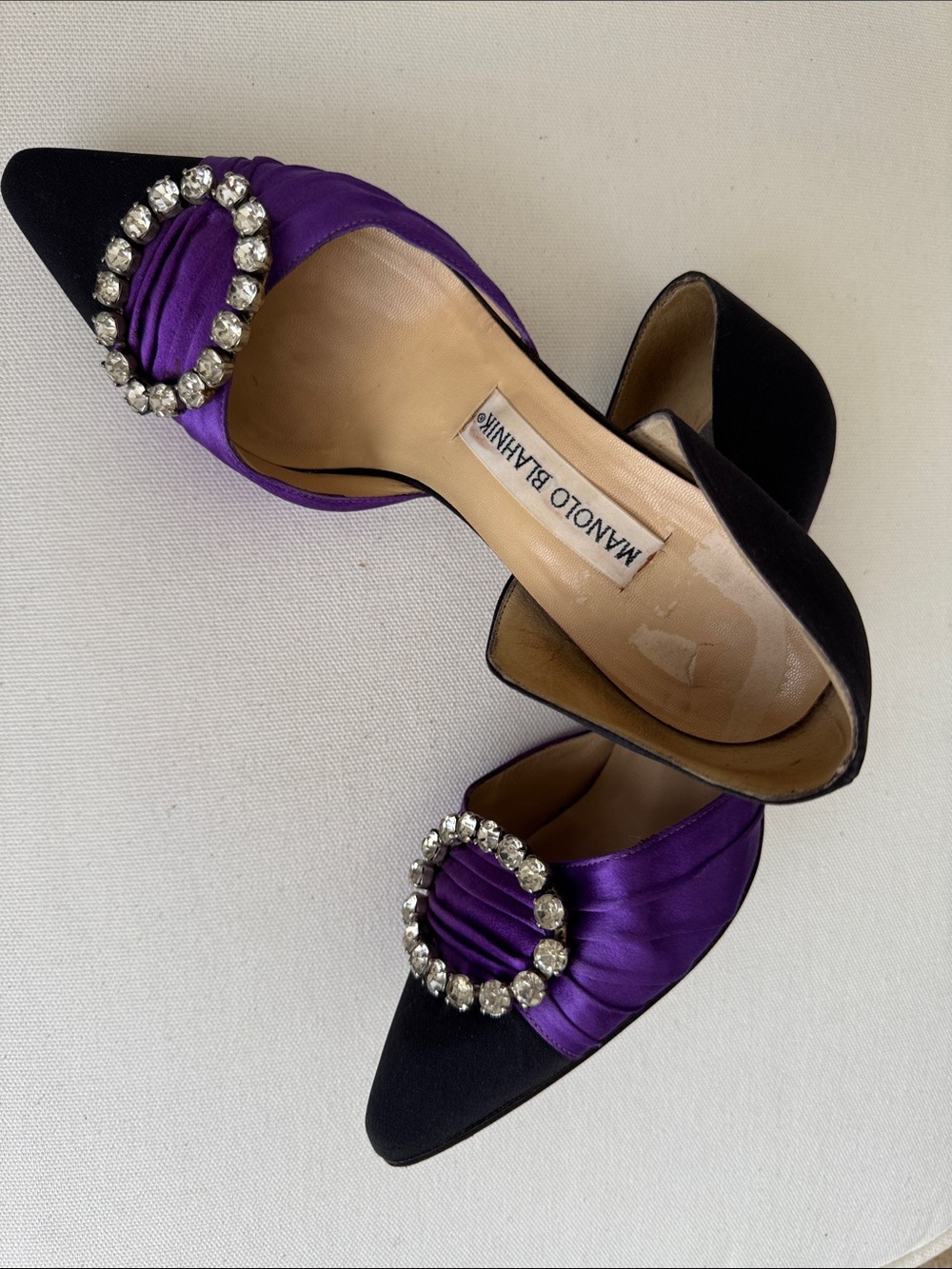 Manolo Blahnik "Okka" Purple Satin & Black Suede Rhinestone Buckle d'Orsay Pumps